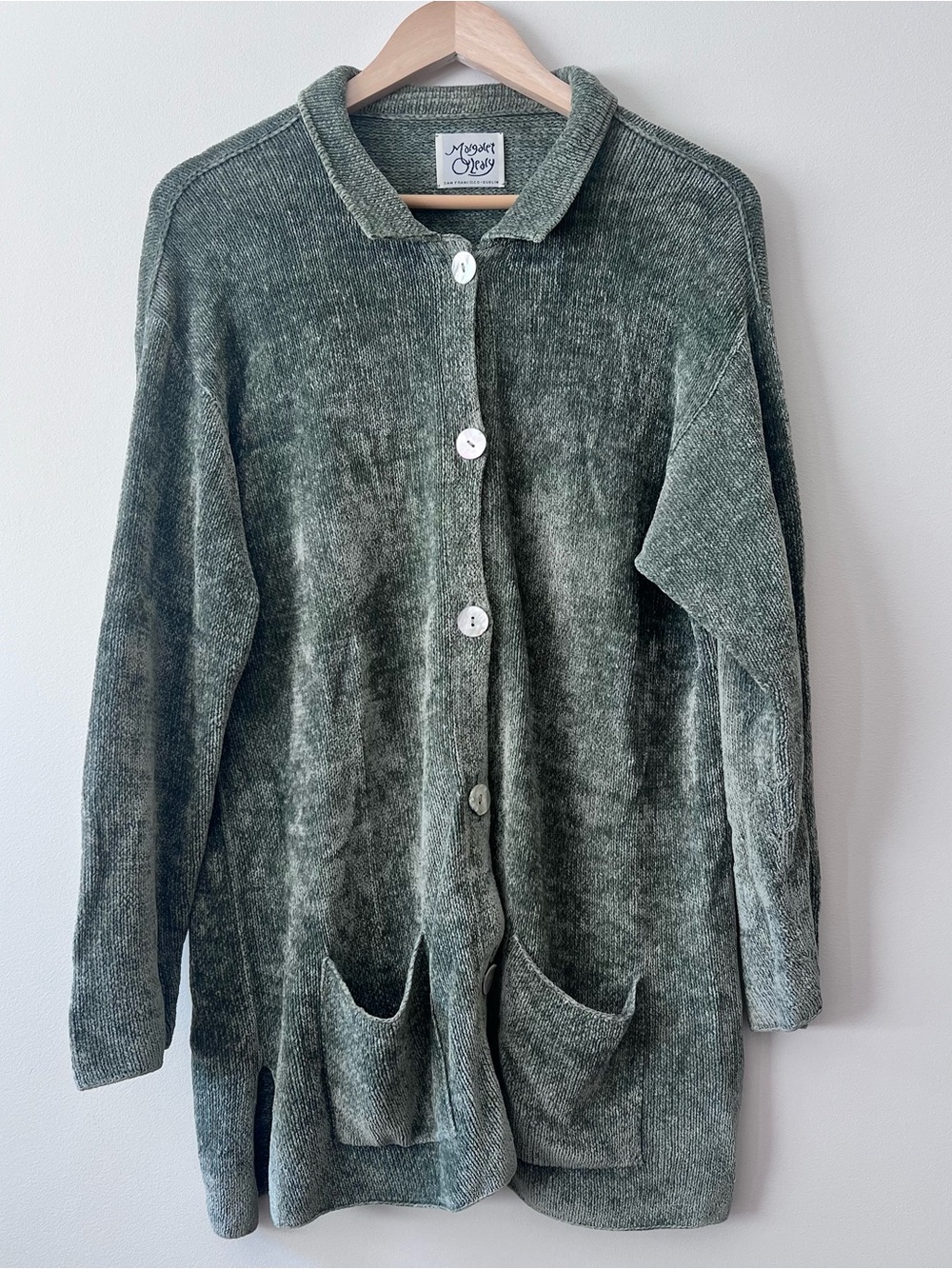 Margaret O'Leary Green Chenille Pearl Button Cardigan Sweater L